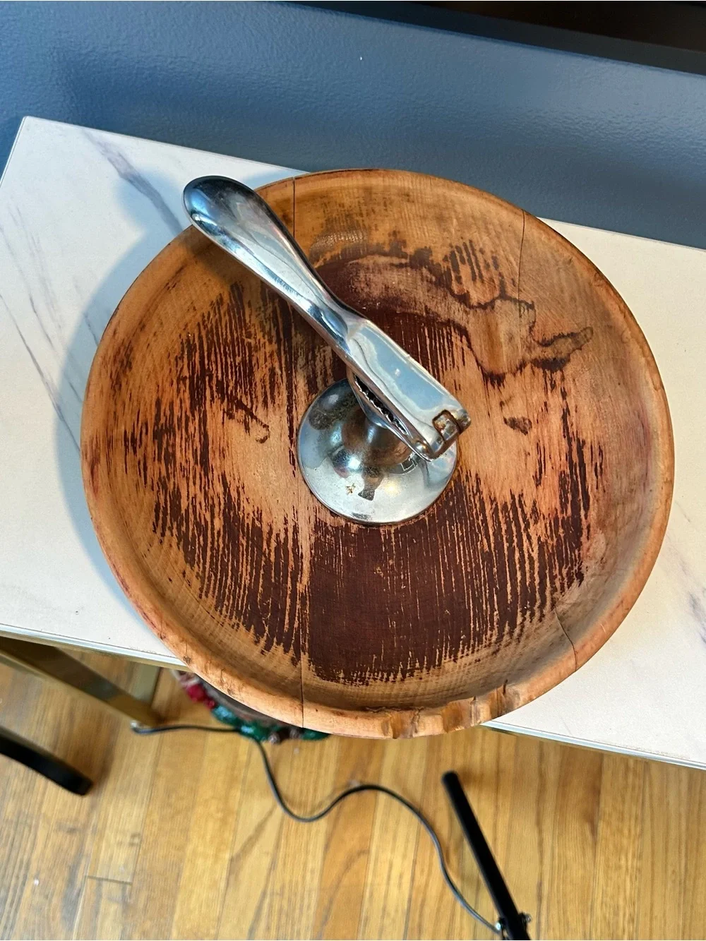 Hellerware Danish round Wood Nut Bowl with Chrome Attached Mechanical cracker